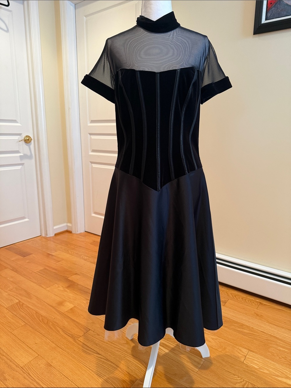 GILAR Sheer Yoke Black Fit-and-Flare Midi Dress